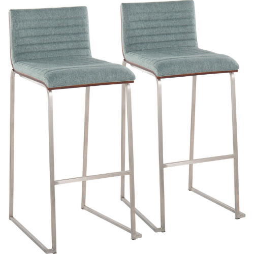 Mason Mara 30" Bar Stool in Stainless Steel, Walnut Wood & Green Fabric (Set of 2)